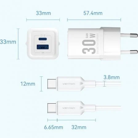 Vention Cargador de Pared GaN 30W con 1xUSB Tipo-C, 1xUSB y Cable USB Tipo-C TZ-FEQB0-EU-01 Vention Cargador de Pared GaN 30W con 1xUSB Tipo-C, 1xUSB y Cable USB Tipo-C TZ-FEQB0-EU-01